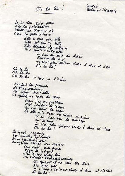 DASSIN Joe 
Manuscrit autographe d'une chanson intitulé «Oh la la!». Sans date; 1...