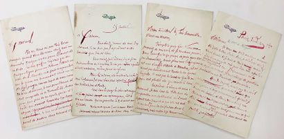 BARBEY D'AUREVILLY Jules 
Ensemble de 5 lettres autographes signées, à l'encre rouge...