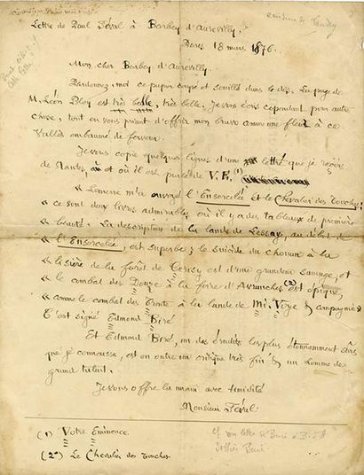 [BARBEY-D'AUREVILLY — FÉVAL Paul] 
Copie par Georges Landry, d'une importante lettre...
