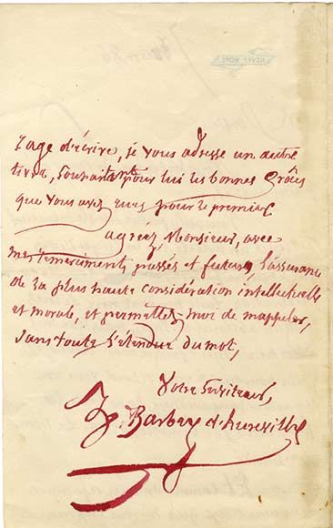 BARBEY D'AUREVILLY Jules Lettre autographe signée. 7 juin 1886; 2 pages in-8°, à...