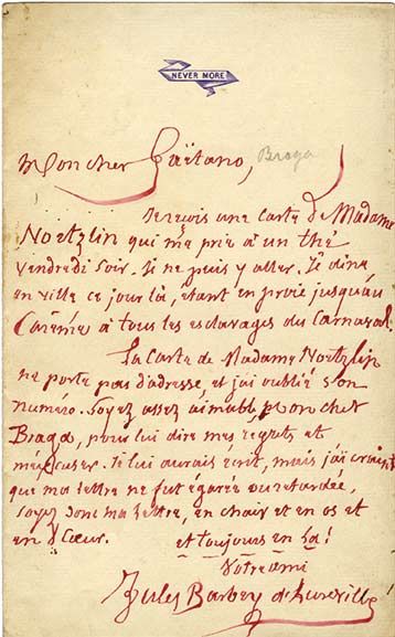 BARBEY D'AUREVILLY Jules Lettre autographe signée, adressée au violoncelliste et...