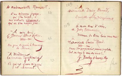 BARBEY D'AUREVILLY Jules 
Cahier de dédicaces. Manuscrit dans un cahier. 18,8 x 14,5...