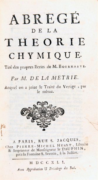 LA METTRIE, Julien Offray de L'Homme machine. Leyde, Elie
Luzac, 1748. Pet. in-12,...