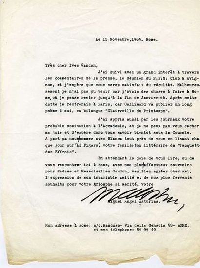 ASTURIAS Miguel Ange [Guatemala, 1899 - Madrid, 1974] Lettre signée, adressée à Yves...