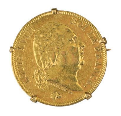 null Louis XVIII, lot de 2 monnaies en or: 40 francs (montée en broche) et 20 francs,...