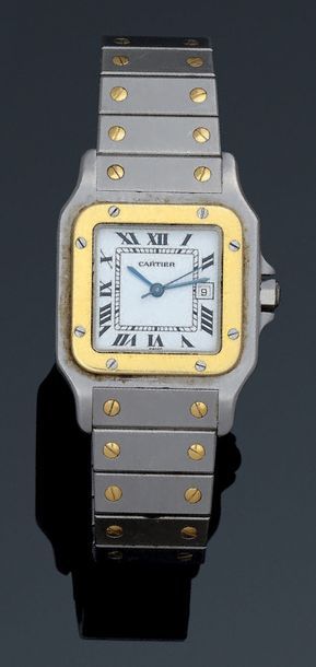 CARTIER - SANTOS Montre bracelet en acier et or jaune 18K (750°/00). Lunette vissée,...