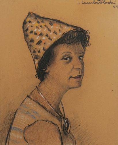 Jean LAMBERT- RUCKI (1888-1967) Femme au chapeau pointu. Fusain, pastel et craie...