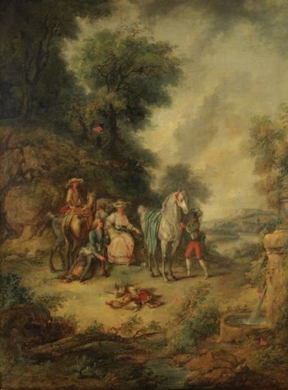 Attribué à Louis-Auguste BRUN de VERSOIX (1758-1815) La halte des chasseurs devant...