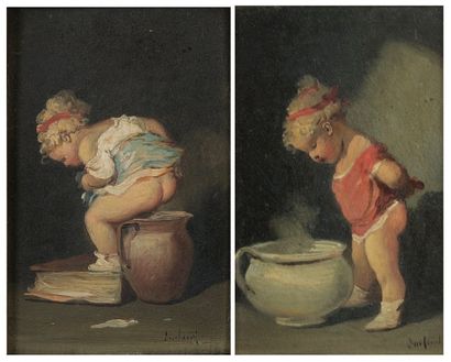 François LANFANT DE METZ (1814-1892) Enfant au pot ou malice de bébé. Deux huiles...