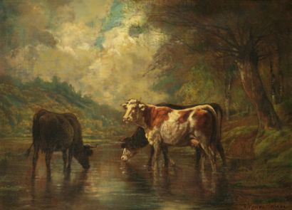 Théodore LEVIGNE (1848 - 1912) Vaches en bord de rivière. Huile sur toile signée...
