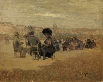 David GIRIN (1848-1917) Personnages assis sur la place Bellecour à Lyon. Huile sur...