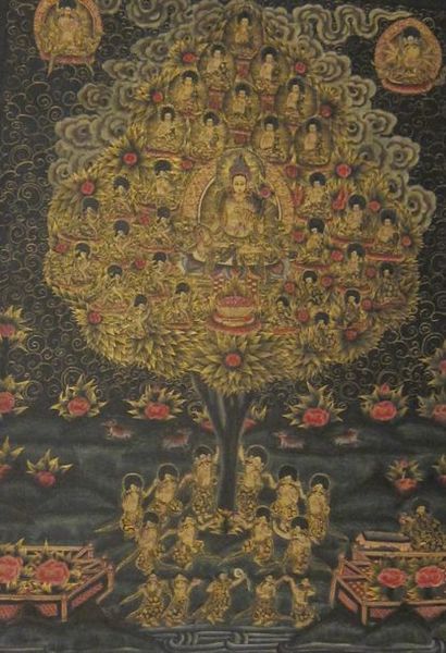 null Thangka à fond noir à décor polychrome et doré figurant un arbre peuplé de multiples...