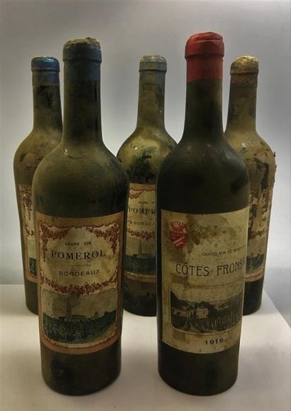 null 5 bouteilles dont 4 de Pomerol non millésimé (en vidange, étiquettes sales,...