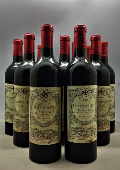 null 12 bouteilles de Château Gazin Pomerol 2001, en caisse bois d'origine.
Traces...