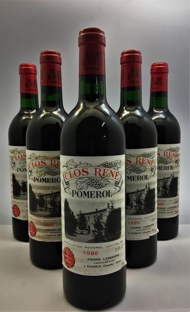 null 6 bouteilles de Clos René Pomerol 1986, caisse bois d'origine.
Étiquettes salies...
