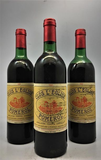 null 3 bouteilles de Clos de L'Église Pomerol 1981.
1 haute-épaule, 1 mi-épaule,...