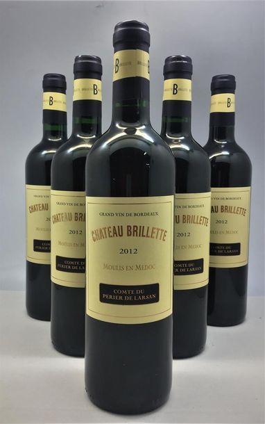 null 6 bouteilles de Château Brillette Moulis en Médoc 2012, en caisse bois d'or...