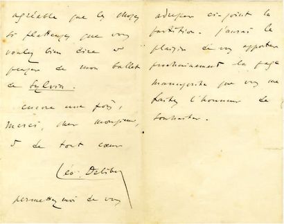 DELIBES Léo [Saint-Germain-du-Val, 1836 - Paris, 1891], compositeur français.
Lettre...