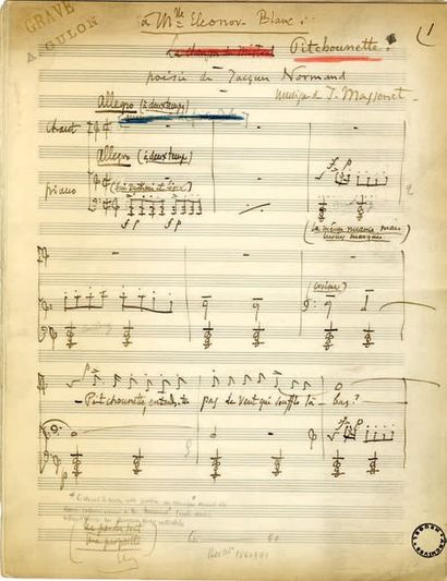 MASSENET Jules [Montaud, 1842 - Paris, 1912], compositeur français.
Manuscrit musical...