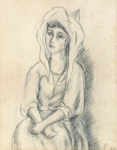 ADOLPHE FEDER (1886-1943) Jeune femme assise
Fusain et rehaut de crayon de couleur,...
