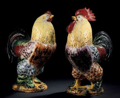 Jérôme MASSIER (1850-1926) (dans le goût de) Coq et poule Deux sculptures en céramique...