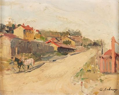 ALBERT LEBOURG (1849-1928) Paysage avec deux chevaux Huile sur panneau, signée en...