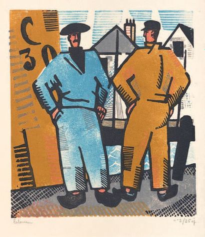 Jean-Emile LABOUREUR (1877-1943) Pêcheurs bretons, 1923
Bois en couleurs à cinq planches...