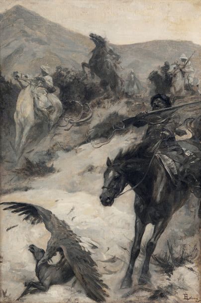 RENÉ LELONG (1871-1938) La chasse au faucon
Huile sur toile, peinte en grisaille,...