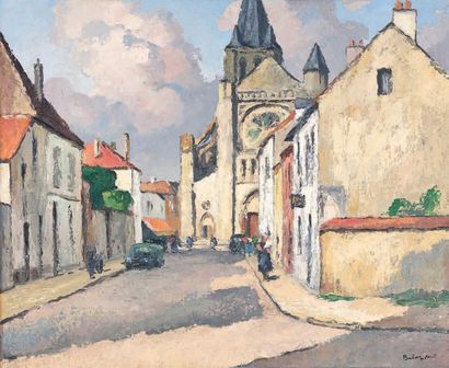 Gaston BALANDE (1880-1971) Rue vers l'église Huile sur toile, signée en bas à droite....
