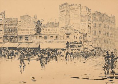 Francis GARAT (né en 1870) Foule devant le Moulin Rouge
Plume à l'encre de Chine...