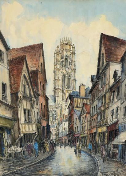 FRANK-WILL (1900-1951) Vue de la Cathédrale de Rouen Fusain et aquarelle, signé en...