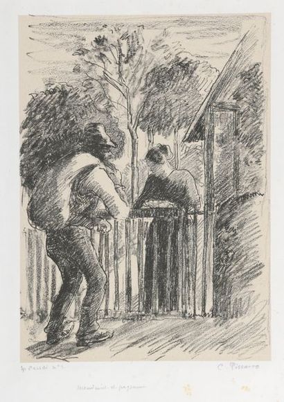 Camille PISSARRO (1830 - 1903) MENDIANT ET PAYSANNE.
Lithographie sur chine gris...