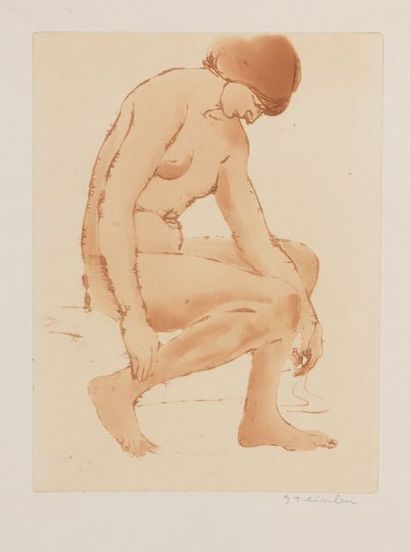 Théophile-Alexandre STEINLEN (1859 - 1923) NU ASSIS PENCHE VERS L'AVANT, UNE JAMBE...