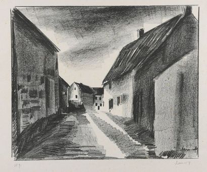 Maurice DE VLAMINCK (1876 - 1958) RUE A HEROUVILLE. 1921
Lithographie sur chine volant....