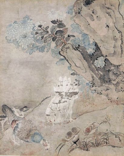 CHINE - XVIIIe/XIXe siècle Encre sur papier, couple de pigeons sous un rocher. Signature...