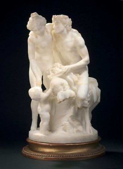 GUGLIELMO PUGI (c.1850-1915) Nymphe, faune et putto
Groupe en albâtre, signé sur...