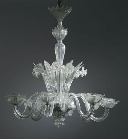 MURANO Lustre en verre transparent à huit bras de lumière en forme de fleurs ouvertes,...