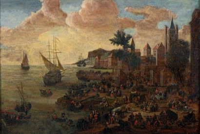 Pieter CASTEELS II (Anvers vers 1684-Richmond 1749) Bord de mer avec une vue de ville
Toile.
30...