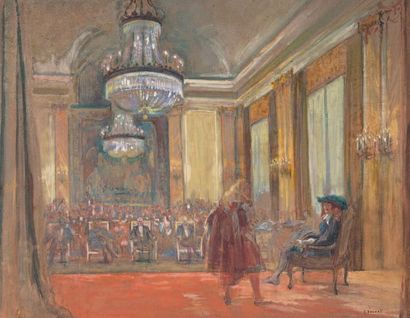 Charles DUVENT (1867-1940) Représentation de théâtre en présence du consul Paul Tirard
Gouache...