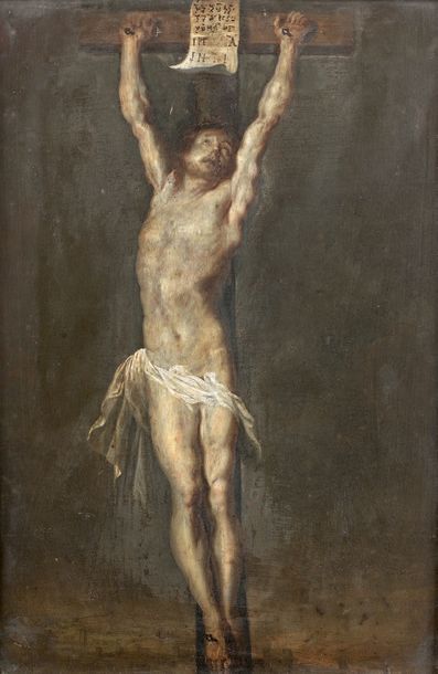 Ecole FLAMANDE du XVIIe siècle, suiveur de Pierre Paul RUBENS Christ en Croix
Cuivre.
39,5...