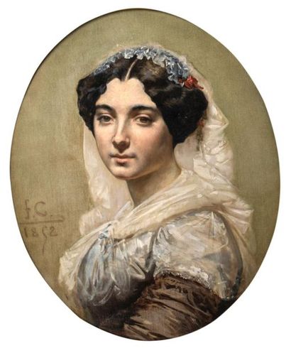  École française du XIXe siècle Portrait de dame au fichu de dentelle Huile sur toile...