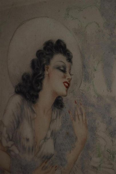  Louis ICART (1888 1950) Femme à la glycine. 1940 Pointe sèche, eau-forte en couleurs....