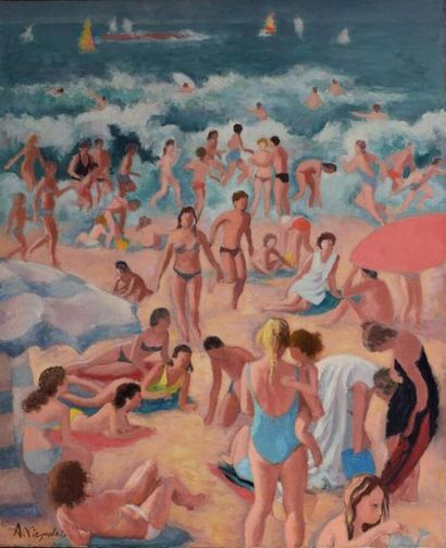  VIGNOLES André (1920-2017) "La plage de Biarritz" huile sur toile signée en bas...