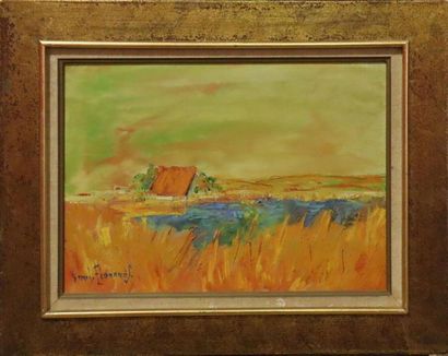  ECONOMOS Gérard "Paysage au ciel jaune" huile sur toile signée en bas à droite datée...