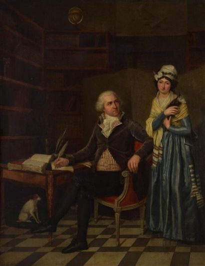 Ecole française de la fin du XVIIIe siècle. Portrait d'un couple dans un cabinet....