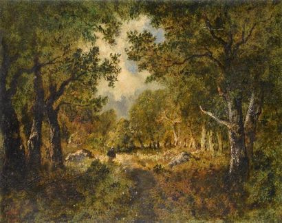  DIAZ Narcisse (1807 - 1876) « Fagotier en forêt » huile sur panneau porte le cachet...