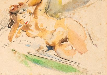 LUDWIK KLIMEK (1912-1992) - Reclining nude Watercolour on paper, signed upper right,...