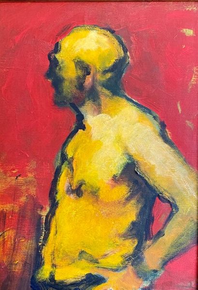 SCHLUM. Naked torso man on a red background....