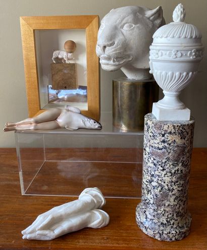  Set including : Panther head in resin, sculpture in resin "fish woman", hands in...