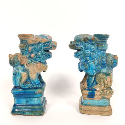 Pair of two blue glazed ceramic chimeras....